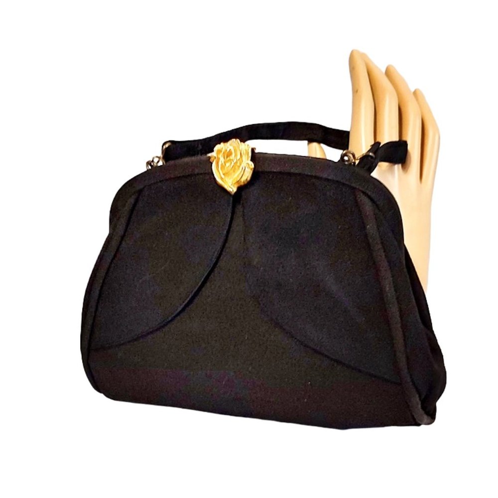 1950s Vintage Black Fabric Top Handle Evening Handbag With A Gold Rose Clasp